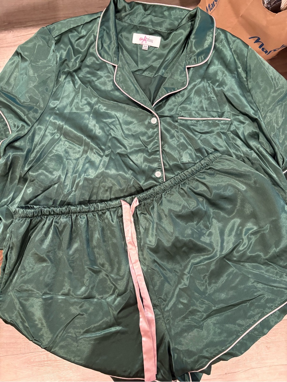 Silky Green Pajama Set with Pink Trim